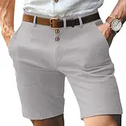 [PHJTOMK] Mens Classic Beach Shorts with Buttons Elastic Waist Regular Fit Pull on Linen Short Casual 7" Cotton Linen Shorts, Grey 2, Small