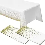 Table Cloth, White and Gold Dot Plastic Cloths for Parties, 54'' x 108'' Clothes Rectangle Tables, Disposable Decorative Waterproof Cover 2 Pack