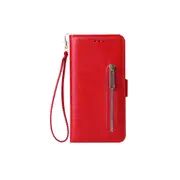 For Samsung S10 Solid Pu Leather Zipper Wallet Double Buckle Protective Case With Stand and Lanyard Red