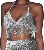 [Generic] Women's Sequin Belly Dance Strap Set Yoga Dresses for Women +Vest Club Women Belly Sequin Tassel Women Suits & Sets Womens Glamour Dress Sparkly Evening Party Dress Dance Dress