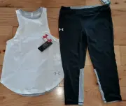 Under Armour tank top & cropped capris leggings NWT girls XL YXL gray white mesh