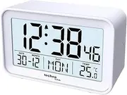 technoline WT497 Modern Digital Alarm Clock, Indoor Temperature, Date, Day of The Week, Alarm and Snooze, White