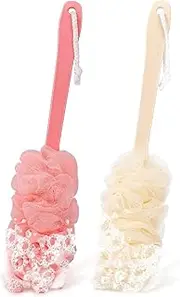2Pack Back Scrubber for Shower Loofah with Long Handle, Shower Brush for Body, Stick for Men Women Bathing Accessories, Scrubber Sponge for Exfoliating Bath Brushes (Pink+Beige, One size)