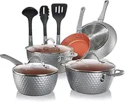 NutriChef Nonstick Cookware Excilon |Home Kitchen Ware Pots & Pan Set with Saucepan Frying Pans, Cooking Pots, Lids, Utensil PTFE/PFOA/PFOS Free, 11 Pcs, Gray
