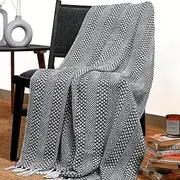 RAJRANG 100% Cotton Farmhouse Throw Blanket 50x60 Inches - Diamond Woven Knitted All Seasons Lightweight Blankets with Tassels for Bed Sofa and Couch Charcoal Grey
