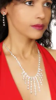 Rhinestone Fringe Necklace & Earrings Jewelry Set, Silver