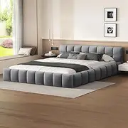 ALFORDSON Double Size Mattress Topper Foundation with Wooden Slats, Velvet Grey Bed Frame with Velvet Fabric Tufting Upholstery, 320kg Capacity
