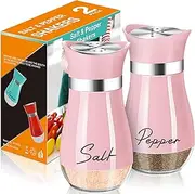 Salt & Pepper Shakers Set, 4oz Glass Base Salt and Pepper Shakers with Stainless Steel Lid for Kitchen Cooking Table RV Camp BBQ Refillable Design (Pink)