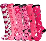 [LOHO MAGICA] 6 Pairs Breast Cancer Awareness Socks for Women, Knee High Athletic Socks Bulk Pack - Get Well Soon Gifts