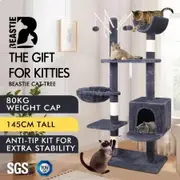 BEASTIE Cat Tree with Plush Toy Ball & Bell Scratching Post Grey 145cm