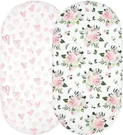 Apone Fatu Moses Basket Baby Sheet Bassinet Set 2 Pack Sheet Cradle Fit for Halo Bassinet Swivel Sleeper Fitted Hourglass Bassinet Mattress Sheet (16.5" x 32", Flower+Love)