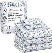 RUVANTI 100% Organic Cotton Split King Sheets Sets for Adjustable Bed, 5 PCs, Soft & Breathable Percale Weave Bedding, Deep Pocket 16", Hotel Standard, Crisp Cool Feel, Floral Sheet, Daisy Bud