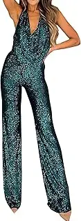 [Generic] Womens Party Wear Plus Size Formal Jumpsuit - Sleeveless Deep V Neck Sequin Pants - Women Sleeveless V Neckline Full Sequined Sexy Glitter Sequin Halter Jumpsuit Backless Romper Wedding Club
