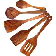 5 Pack Wooden Utensils for Cooking, Wood Spoons for Cooking Non-Stick Wood Kitchen Utensil Set Teak Wood Spatulas for Cooking Kitchen Tools