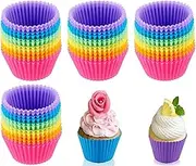 WADY 48 Pcs Silicone Cupcake Liners, 6 Colors Silicone Cupcake Moulds, Jumbo Cupcake Liners Large Resusable Muffin Cups Non-Stick Muffin Liners Cupcake Baking Cups Stand Alone Cupcake Holder (Round)