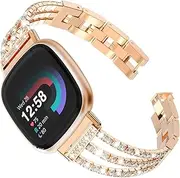 [Fullife] Compatible with Fitbit Versa 3/Fitbit Versa 4 Chain with Crystal Diamond Bling Metal Link Bracelet Strap Steel Fitbit Sense/Fitbit Sense 2 Band for Women, Rose Gold
