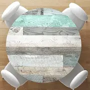 Farmhouse Round Fitted Table Cover with Elastic Waterproof Outdoor Indoor Tablecloth Washable Wipeable Table Cloth for Picnic Camping Party(Wood-Green, Fits 45" - 52" Diameter)
