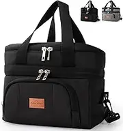 Lunch Bag for Men Women 10L Insulated Lunch Bag Lunch Tote Bag with Shoulder Strap Dual Compartment Lunch Cooler Bag Reusable Lunch Box Insulated Bag for Office School Picnic (Black, 10L)-B