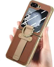 Leather Cell Phone Bag Case for Samsung Galaxy Z Flip 5 Flip5 Flip4 Flip 4 5G Drop Protection Tempered Glass Film Capa,Brown,for Samsung z flip 4