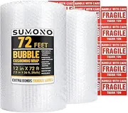 Bubble Cushioning Wrap Roll, Sumono 12 Inch x 72 Feet Total [2 Rolls of 36 Feet] Bubble Roll Perforated 12 Inch Included 20 Fragile Sticker Label