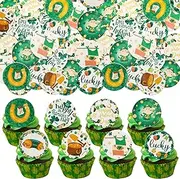 Gyufise 48Pcs Edible Happy St Patrick’s Day Cupcake Toppers Wafer Paper Shamrock Green Hat Lucky Cupcake Picks for Happy St Patrick’s Day Irish Theme Baby Shower Birthday Party Supplies