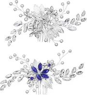 Vaguelly 2pcs Wedding Hair Combs Delicate Rhinestone and Pearl Bridal Headdress Elegant Hair Accessories for Brides and Blue Silver