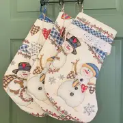 Set of 3 Repurposed Handmade Christmas Stockings Quilted Snowmen and Hearts, 17"