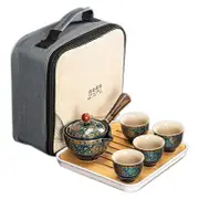 Ceramic Teapot 1 Pot 4 Cup Outdoor Travel Teapot Tote Bag Travel Cup Set Tcup Gift Tea Set -2 blue
