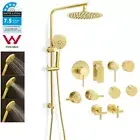 WELS Brushed Gold Round 8" Twin Shower Head Handheld Sliding Rail Mixer Tap Set
