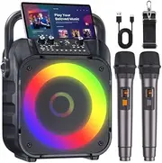 Karaoke Machine with Two Wireless Microphones, Portable Karaoke Machine for Adults & Kids, Portable Bluetooth Speaker with PA System, LED Lights, Supports TF Card/USB, AUX in, FM, USB,TWS (Black)…