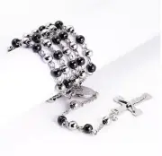 Mens Silver Black 6mm Ball Chain Stainless Steel Cross Pendant Rosary Necklace