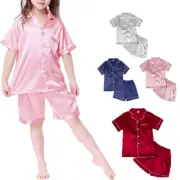 Kids Boys Girls Satin Silk Pyjamas Set Short Sleeve Button Tops Short Outfit Set