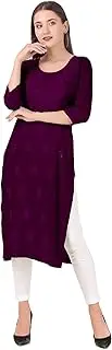 [ladyline] Womens Rayon Slub Plain Tunic Top Self Chikan Embroidered Round Neck Kurti Kurta