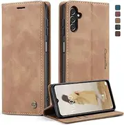 [owlhold] Mobile Phone Case for Samsung Galaxy A14 4G/5G Case, Premium Leather Case, Soft Vintage Nubuck Leather, Foldable Stand, Flip Case, Card Slot, Stand Function, Shockproof Protective Case - Brown