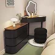 Corner Vanity with Mirror and Lights，Makeup Table Set with Chair Glass Top Vanity Table with Drawers Telescopic Dresser Vanity Desk for Women(Black,60CM_A)