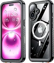 Magnetic for iPhone 16 Case Waterproof,Built-in Screen & Camera Lens Protector[IP68 Underwater] [Military Grade Shockproof] Full Body Protection Phone Case,Black/Clear