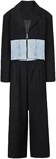 [Generic] Women's Denim Zipper Splicing Plus Size Suit Jacket Two-Piece Set, Lapel Casual Short Loose Wide Leg Pants Set