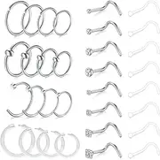 [LAURITAMI] 32pcs Nose Stud Ring Hoop Silver Set, Stainless Steel Nose Stud Screws Clear Nose Studs 20G Nose Piercing Jewelry for Women Men, Stainless Steel