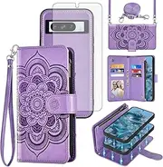 [Asuwish] Phone Case for Google Pixel 8 Pro 5G Zipper Wallet Detachable Cell Cover with Tempered Glass Screen Protector Strap Mandala Flower Card Holder Pixel8Pro Pixel8 XL Eight 8Pro Women Girls Purple