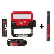Milwaukee ROVER Pivoting LED Floodlight + LED Aluminum Pen Light UBS Rechargable