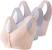 [MIXZONES] 3Pack Everyday Cozy Bras Middle-Aged Elder Woman Floral Wirefree Bra Front Button Close Soft Cotton Bra