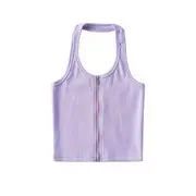 Halter Zip-Up Open Back Ribbed Plain Crop Top Purple - M