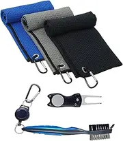 ZHIGOU 5-Pack Golf Towel, Brush Tool Kit with Club Grooves, Microfiber Waffle 15.75x15.7 Inch, for Men and Women (Black Gray Blue)