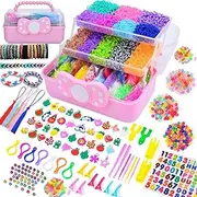 17,000+ Loom Bands Kit 32 Vibrant Color with Stickers Loom Board, Alphabet Beads, S Hooks, and Keychains Perfect Craft Kit for Boys and Girls with Pink Storage Box