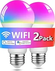 Smart A19 LED Light Bulb 2-Pack – Color Changing RGBCW 9W (60W Equivalent) 800 LM Wi-Fi & Bluetooth, Alexa & Google Voice Control, No Hub Required