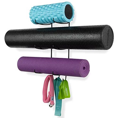 Guru Wall Mount Yoga Mat Foam Roller and Towel Rack with 3 Hooks for Hanging