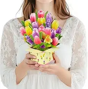 Colorful Tulip 3D Pop Up Spring Greeting Card for Mother’s Day Birthday Easter Anniversary Thank You Sympathy Get Well, Floral Bouquet for Mom, Grandma, Wife, Teacher with Envelope and Blank Note Card