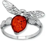 [JewelryWeb] 925 Sterling Silver Baltic Amber Honey Bee and Flower Ring Has Design Decorated Band Style-Ring for Women