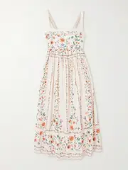 [Agua by Agua Bendita] Agua by Agua Bendita - Barbara Pleated Bead-embellished Floral-print Linen Midi Dress - White - small small White