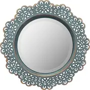 Stonebriar Decorative 12.5" Round Turquoise Metal Lace Wall Mirror with Attached Hanger, Country Rustic Decor for The Living Room, Bedroom, Bathroom, Hallway, and Entryway